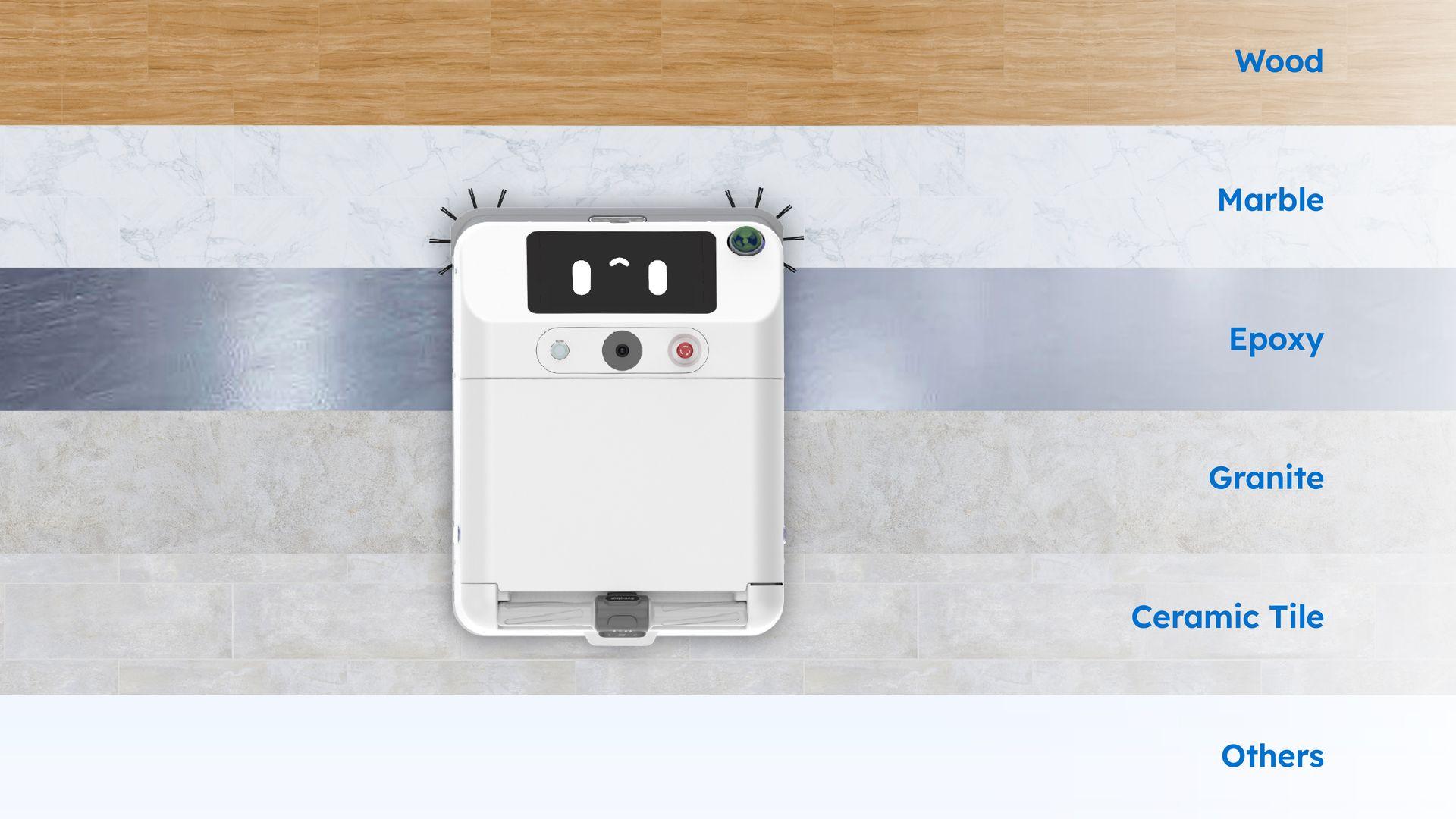 S100 Pro M cleaning robot working on wooden, marble, ceramic tile, cement, epoxy, undercoat carpet and other floors